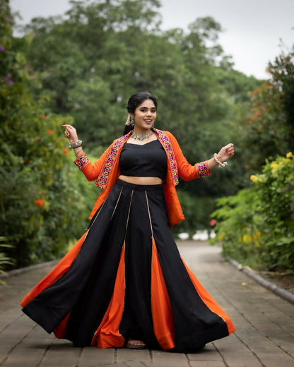 Yash Enterprise Orange Colored Rayon Cotton Embroidery Semi Stitched Navratri Top Chaniya Choli