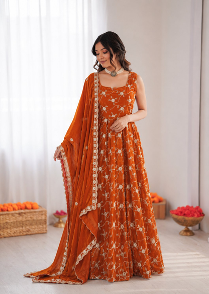 Prazu Fashion Orange Fendy Silk Thread With Sequence Anarkali Suit