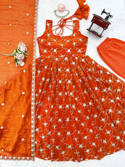 Prazu Fashion Orange Fendy Silk Thread With Sequence Anarkali Suit