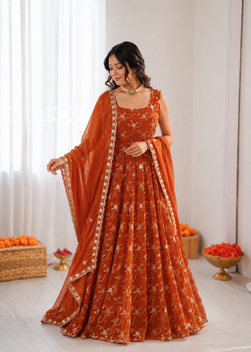 Prazu Fashion Orange Fendy Silk Thread With Sequence Anarkali Suit