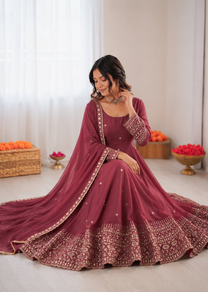 Prazu Fashion Onion Pink Chanderi Silk Thread With Sequence Anarkali Suit