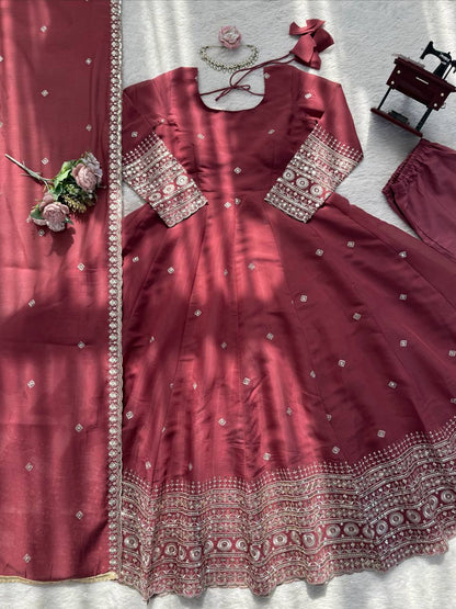 Prazu Fashion Onion Pink Chanderi Silk Thread With Sequence Anarkali Suit