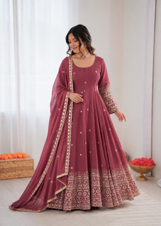 Prazu Fashion Onion Pink Chanderi Silk Thread With Sequence Anarkali Suit
