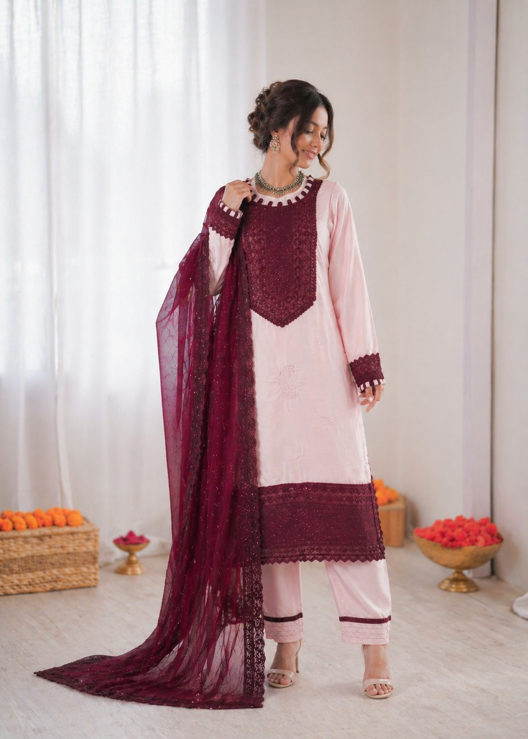 Prazu Fashion Baby Pink Crepe Thread With Sequence Salwar Suit