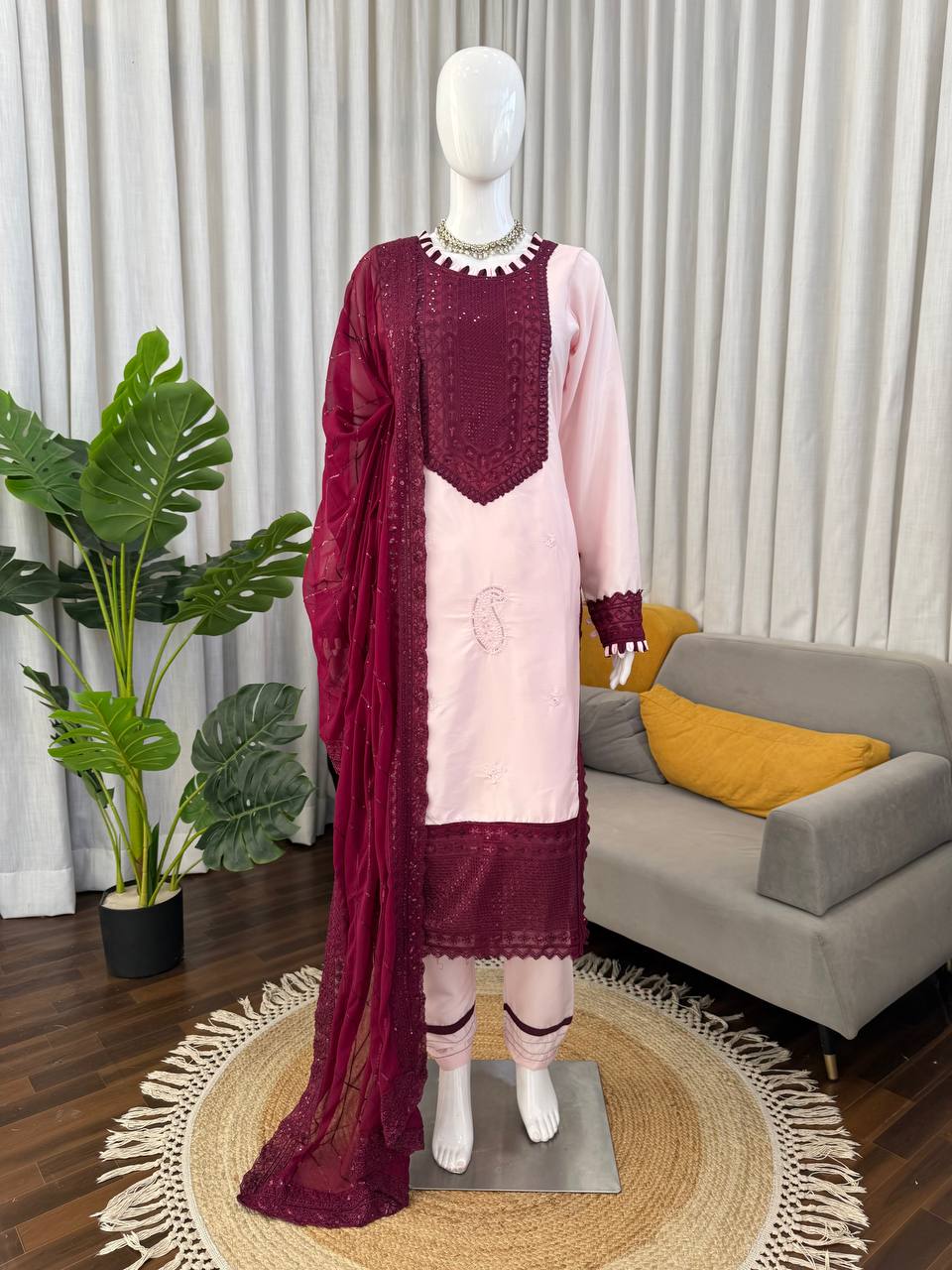 Prazu Fashion Baby Pink Crepe Thread With Sequence Salwar Suit