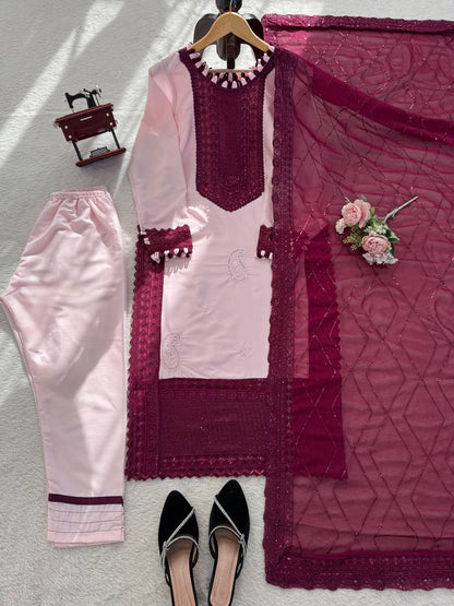 Prazu Fashion Baby Pink Crepe Thread With Sequence Salwar Suit