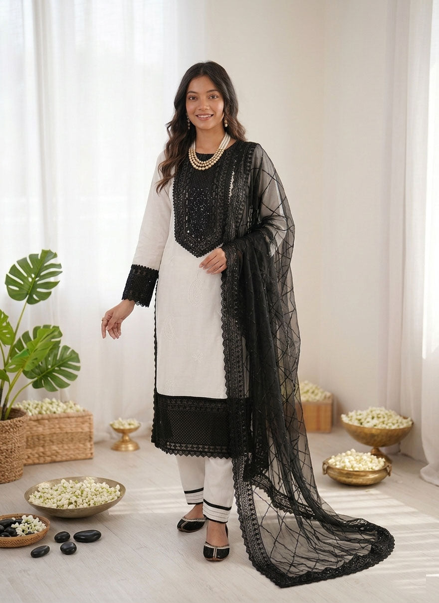Prazu Fashion Off White Crepe Thread With Sequence Salwar Suit