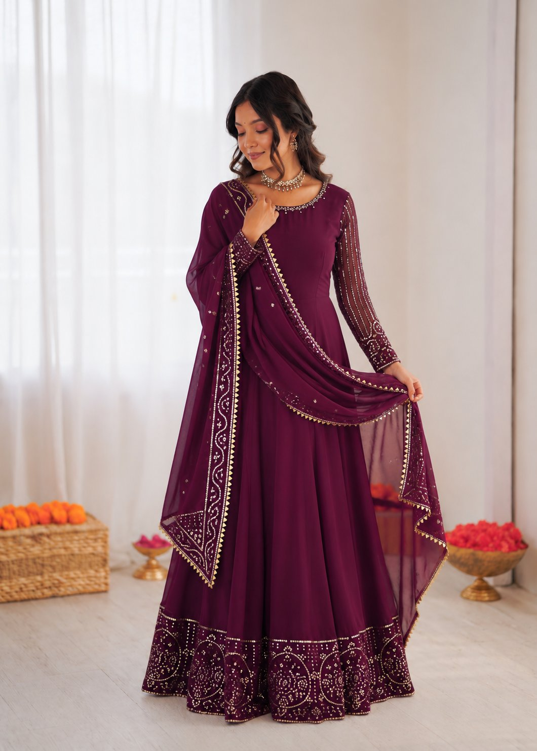 Prazu Fashion Wine Georgette Thread With Sequence Designer Anarkali Suit