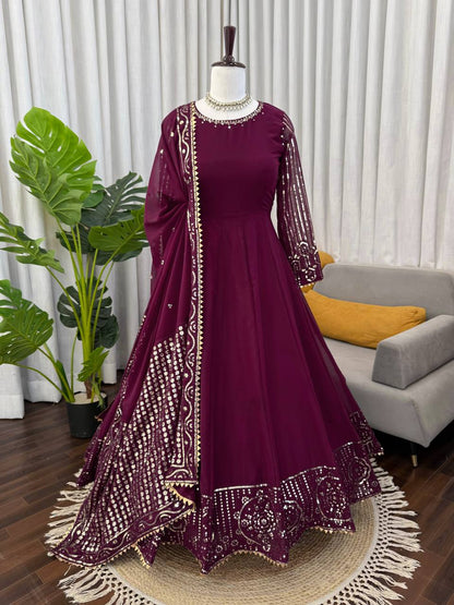 Prazu Fashion Wine Georgette Thread With Sequence Designer Anarkali Suit