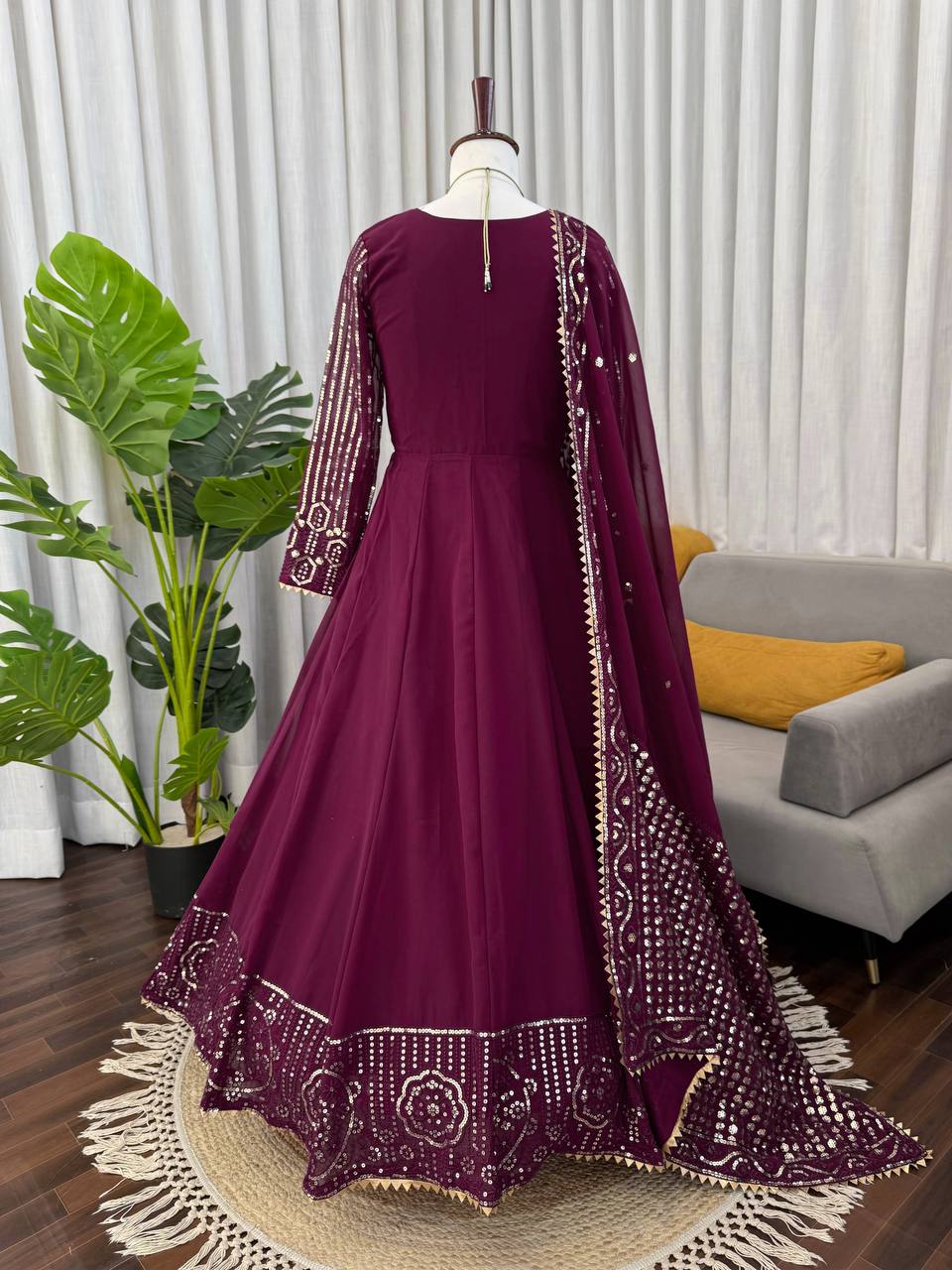 Prazu Fashion Wine Georgette Thread With Sequence Designer Anarkali Suit