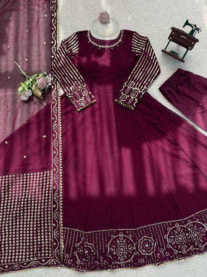 Prazu Fashion Wine Georgette Thread With Sequence Designer Anarkali Suit