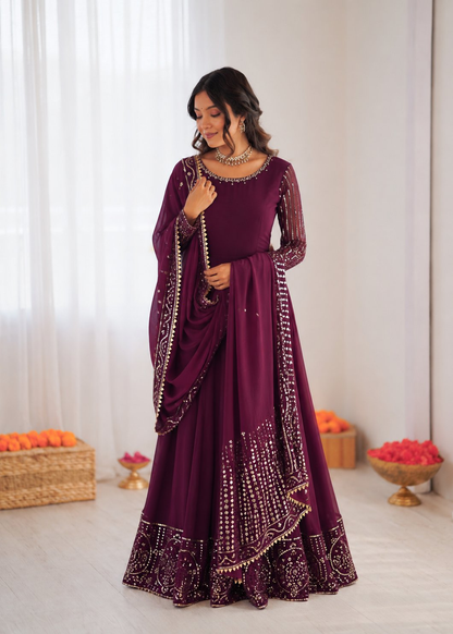 Prazu Fashion Wine Georgette Thread With Sequence Designer Anarkali Suit