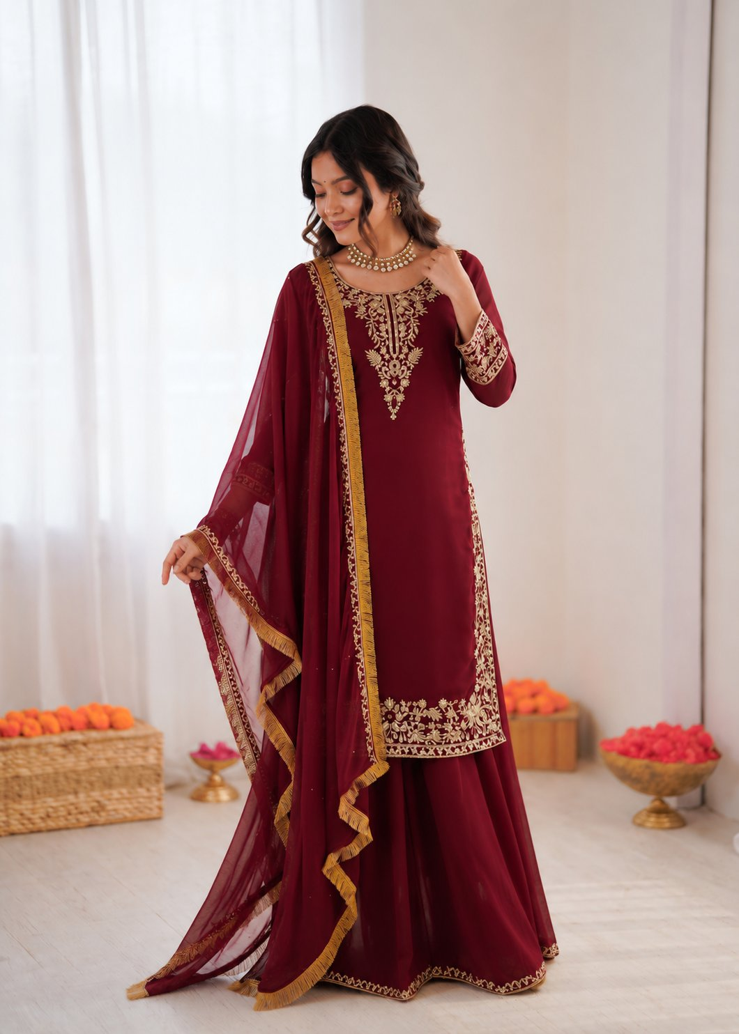 Prazu Fashion Maroon Georgette Thread With Sequence Designer Palazzo Suit