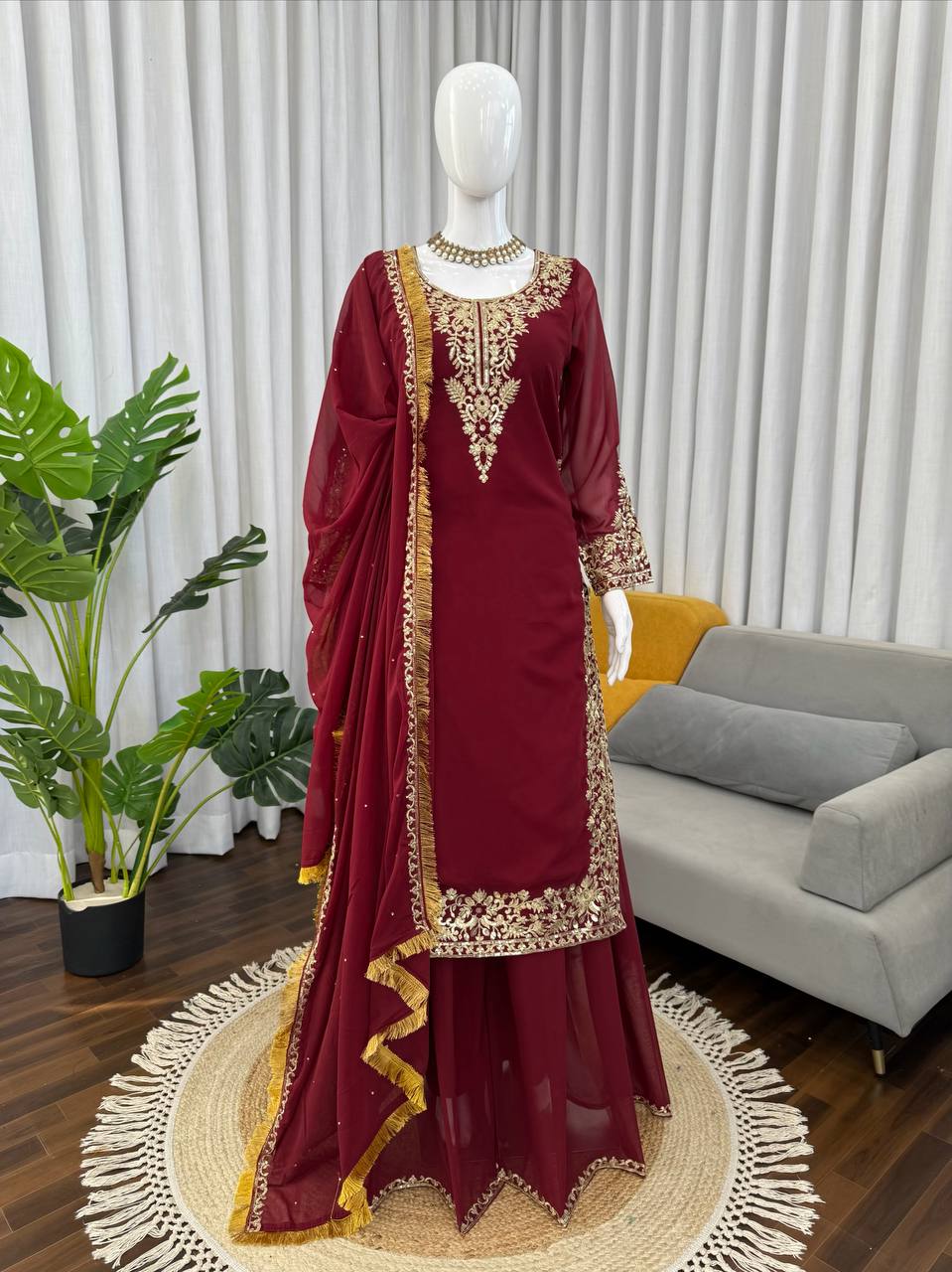 Prazu Fashion Maroon Georgette Thread With Sequence Designer Palazzo Suit
