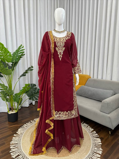 Prazu Fashion Maroon Georgette Thread With Sequence Designer Palazzo Suit
