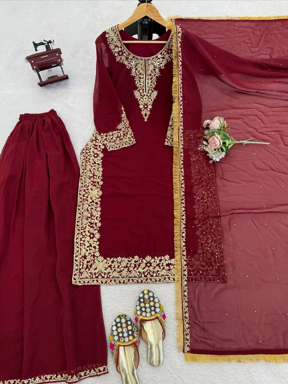 Prazu Fashion Maroon Georgette Thread With Sequence Designer Palazzo Suit
