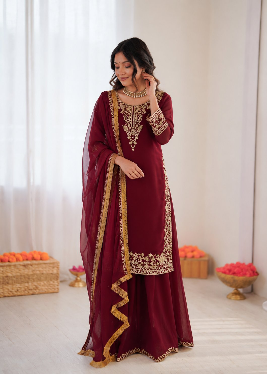 Prazu Fashion Maroon Georgette Thread With Sequence Designer Palazzo Suit