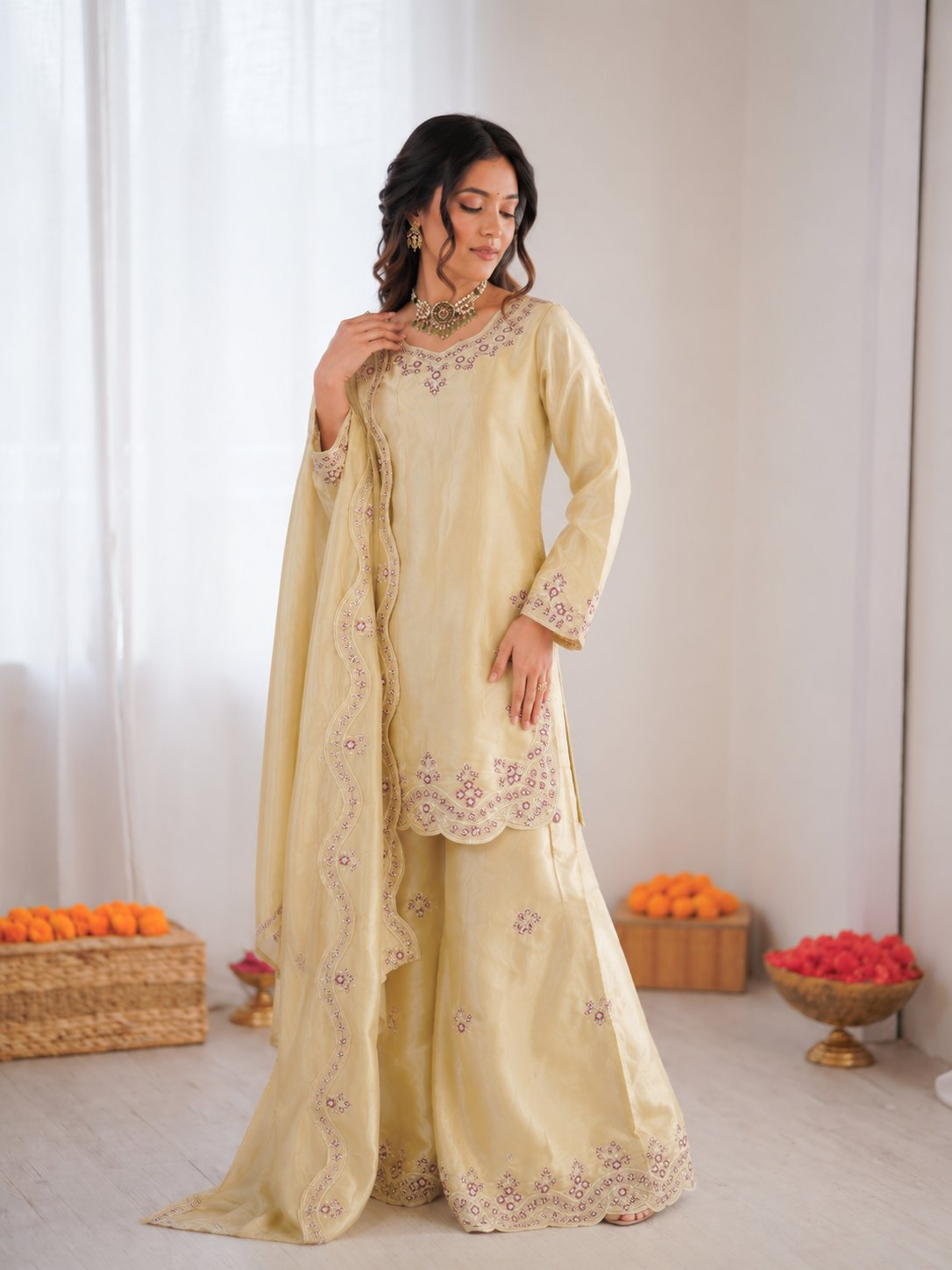 Prazu Fashion Cream Art Sillk Thead Work Designer Palazzo Suit