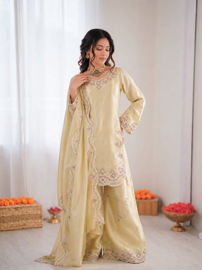 Prazu Fashion Cream Art Sillk Thead Work Designer Palazzo Suit