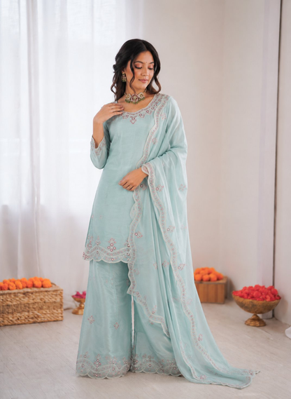 Prazu Fashion Light Sky Blue Art Sillk Thead Work Designer Palazzo Suit