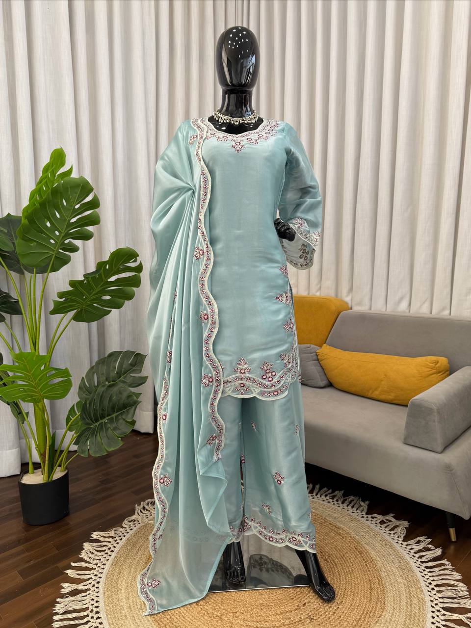 Prazu Fashion Light Sky Blue Art Sillk Thead Work Designer Palazzo Suit