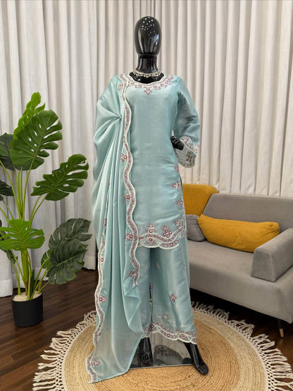 Prazu Fashion Light Sky Blue Art Sillk Thead Work Designer Palazzo Suit