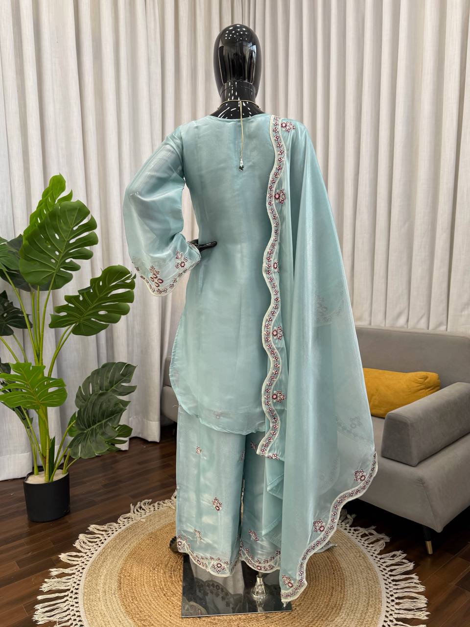 Prazu Fashion Light Sky Blue Art Sillk Thead Work Designer Palazzo Suit