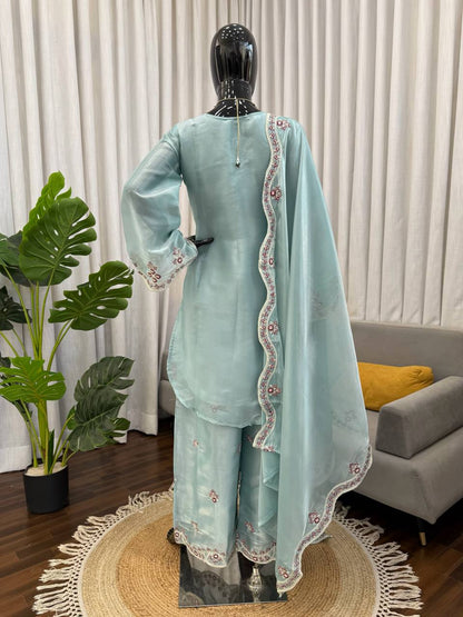 Prazu Fashion Light Sky Blue Art Sillk Thead Work Designer Palazzo Suit