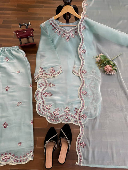 Prazu Fashion Light Sky Blue Art Sillk Thead Work Designer Palazzo Suit