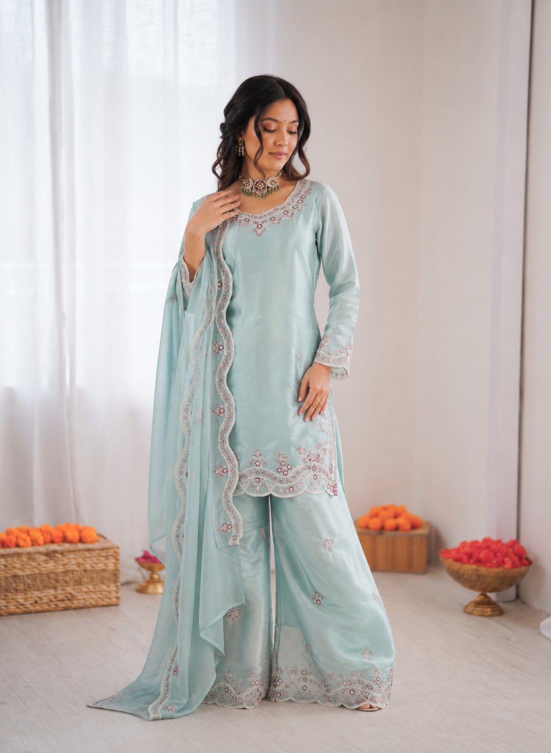 Prazu Fashion Light Sky Blue Art Sillk Thead Work Designer Palazzo Suit