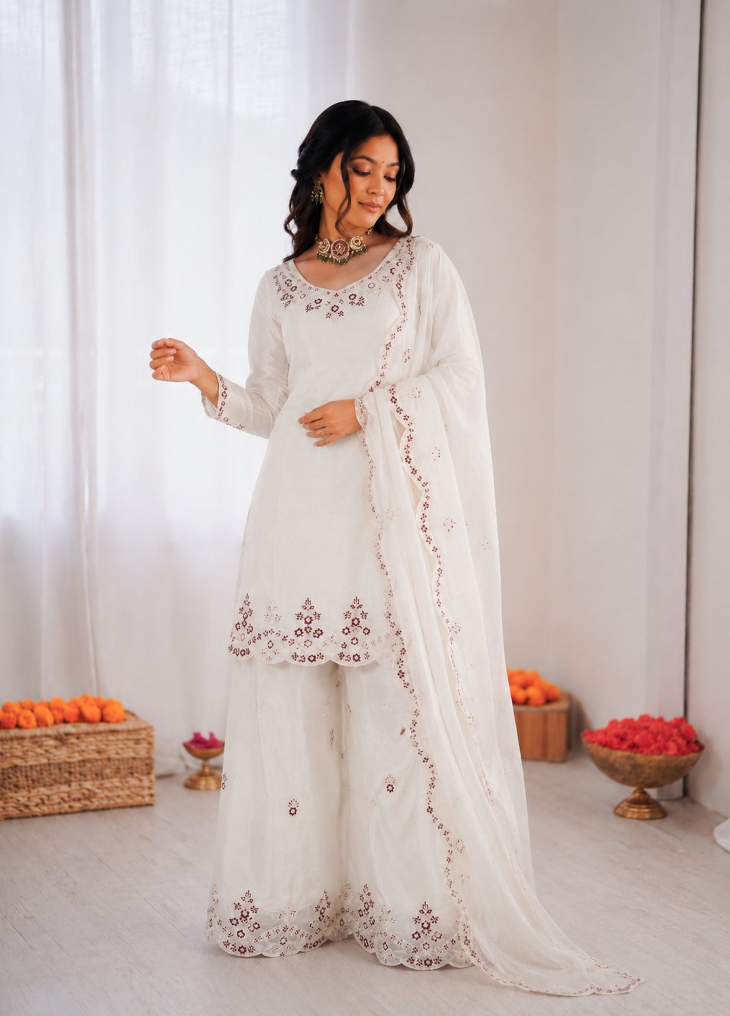 Prazu Fashion Off White Art Sillk Thead Work Designer Palazzo Suit
