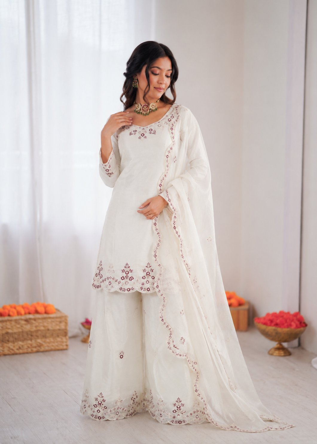 Prazu Fashion Off White Art Sillk Thead Work Designer Palazzo Suit