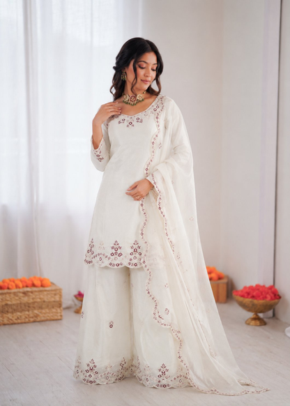 Prazu Fashion Off White Art Sillk Thead Work Designer Palazzo Suit