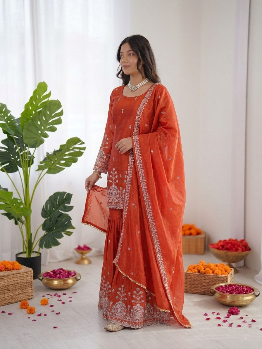 Prazu Fashion Rust Orange Art Silk Thread With Sequence Designer Sharara Suit