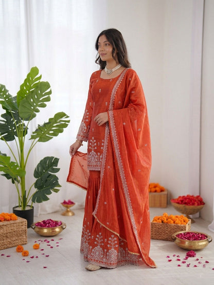 Prazu Fashion Rust Orange Art Silk Thread With Sequence Designer Sharara Suit