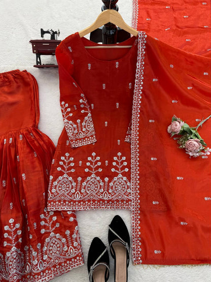 Prazu Fashion Rust Orange Art Silk Thread With Sequence Designer Sharara Suit