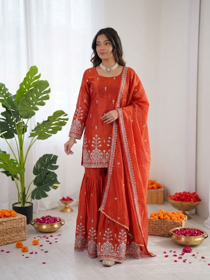Prazu Fashion Rust Orange Art Silk Thread With Sequence Designer Sharara Suit