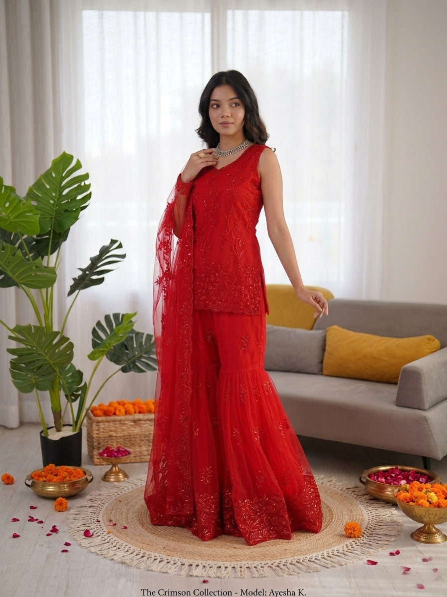 Prazu Fashion Red Net Thread With Sequence Designer Sharara Suit