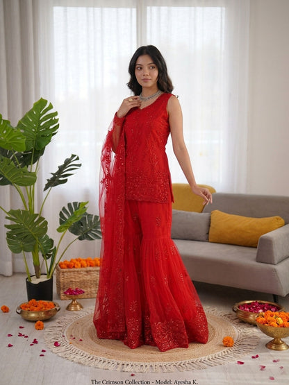 Prazu Fashion Red Net Thread With Sequence Designer Sharara Suit