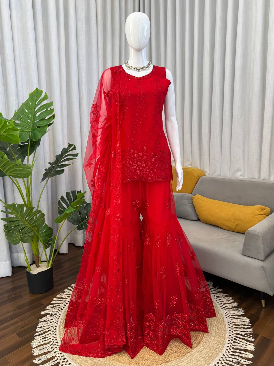 Prazu Fashion Red Net Thread With Sequence Designer Sharara Suit