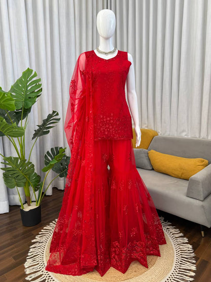Prazu Fashion Red Net Thread With Sequence Designer Sharara Suit