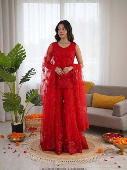 Prazu Fashion Red Net Thread With Sequence Designer Sharara Suit