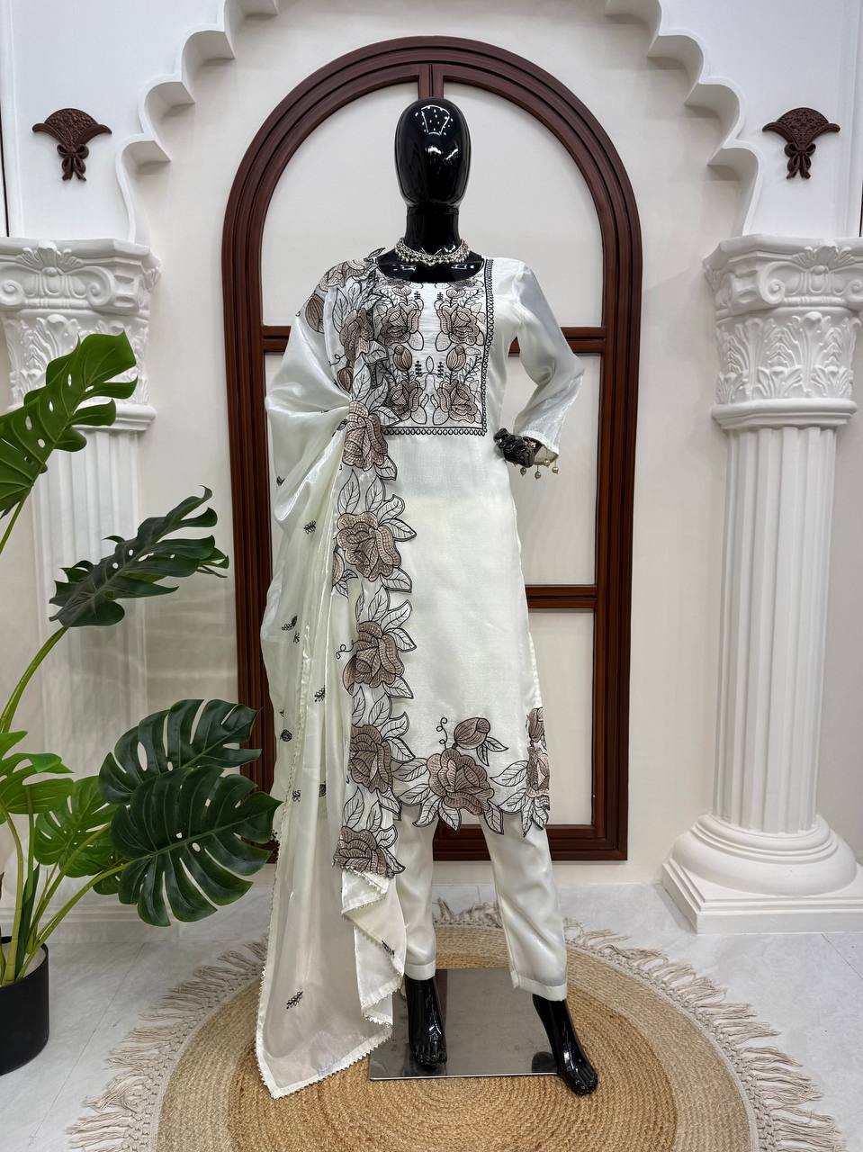 Prazu Fashion Off White Art Silk Thread Work Designer Salwar Suit