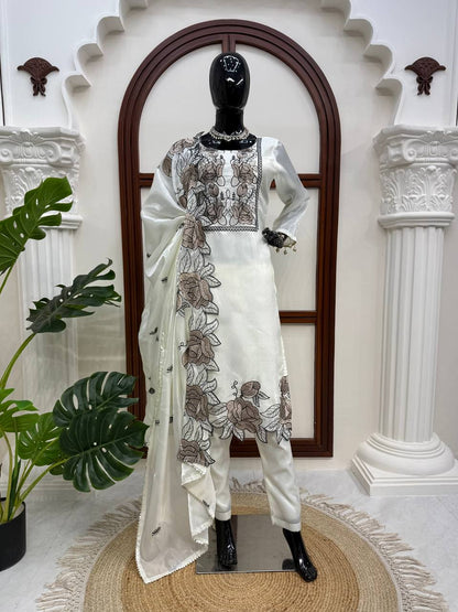 Prazu Fashion Off White Art Silk Thread Work Designer Salwar Suit