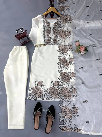 Prazu Fashion Off White Art Silk Thread Work Designer Salwar Suit