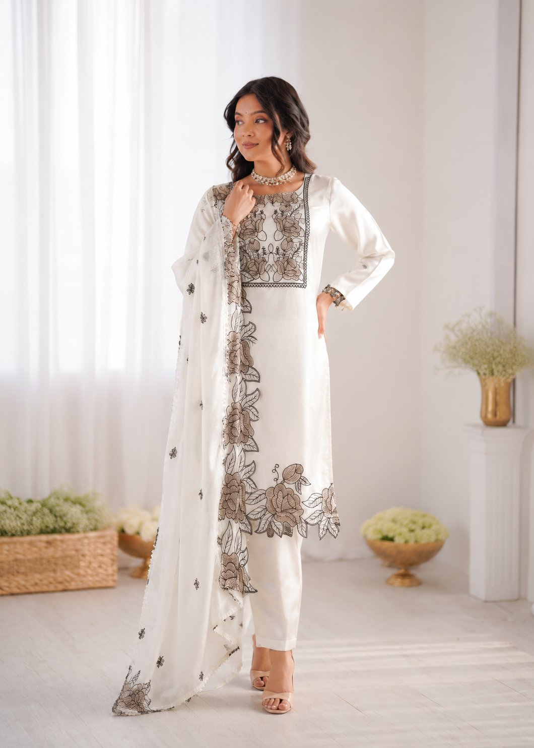 Prazu Fashion Off White Art Silk Thread Work Designer Salwar Suit