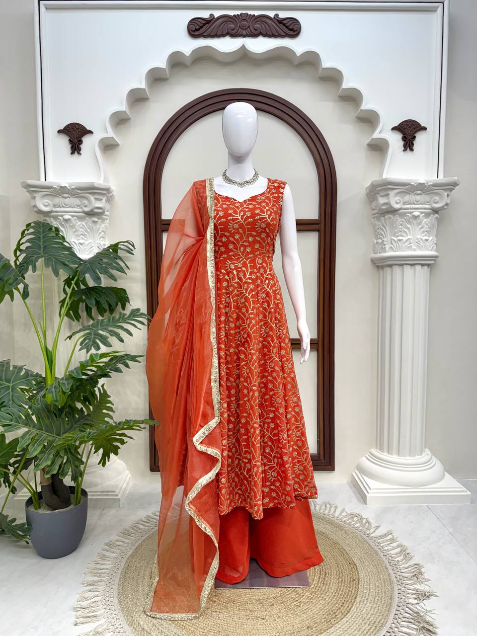 Prazu Fashion Rust Orange Georgette Thread With Sequence Designer Palazzo Suit