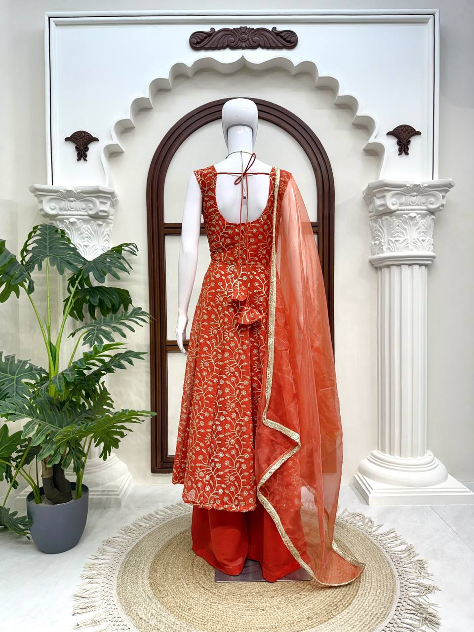 Prazu Fashion Rust Orange Georgette Thread With Sequence Designer Palazzo Suit