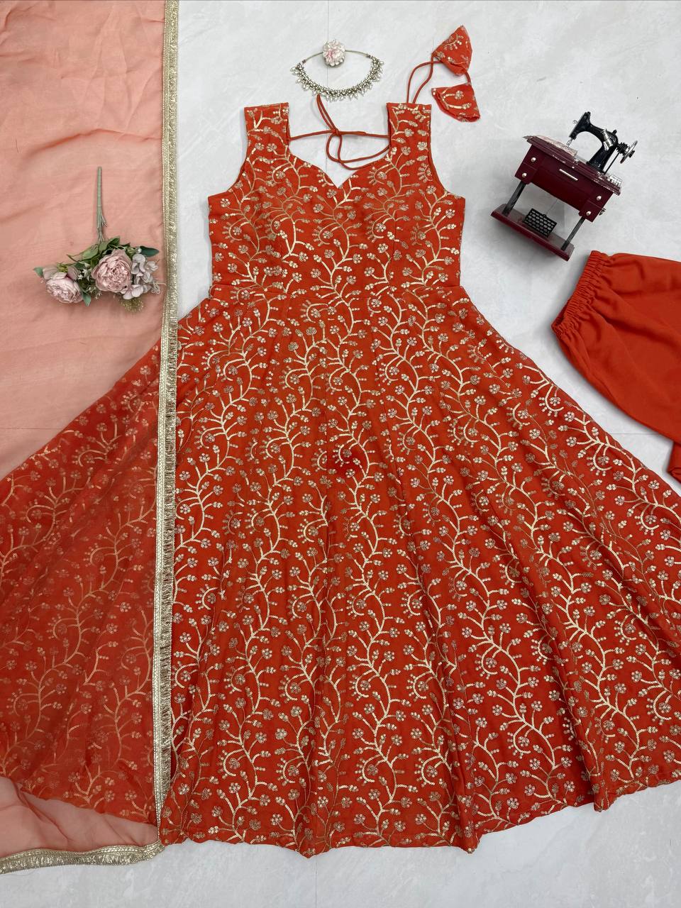 Prazu Fashion Rust Orange Georgette Thread With Sequence Designer Palazzo Suit