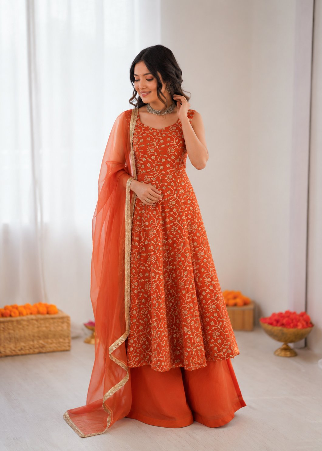 Prazu Fashion Rust Orange Georgette Thread With Sequence Designer Palazzo Suit